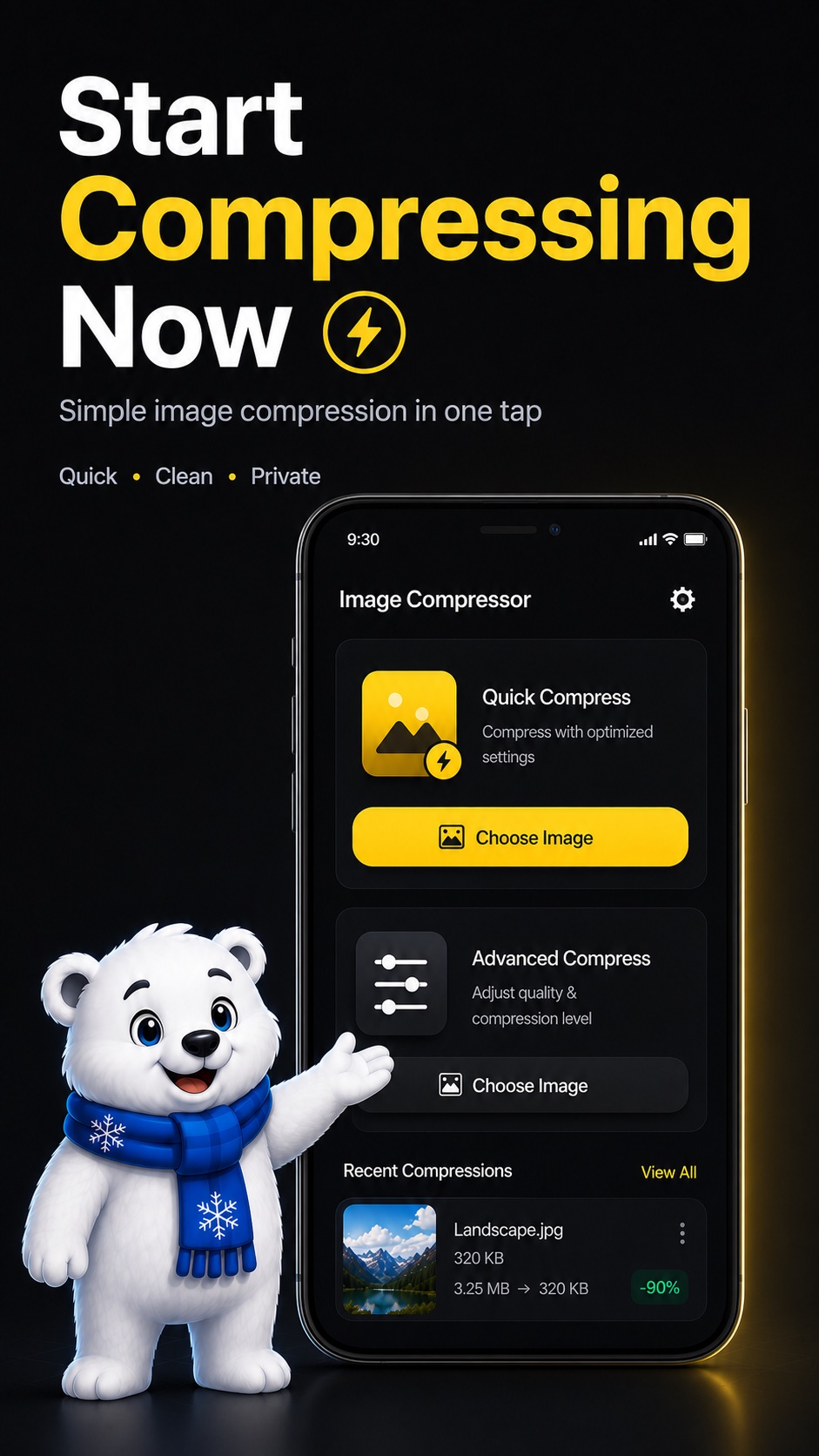 Image Compressor start screen showing quick and advanced compression modes